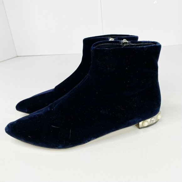 Miu Miu Ankle Boots Size 37.5 US 7.5 Booties Shoes Blue Velvet Embellished Heel - Picture 4 of 15